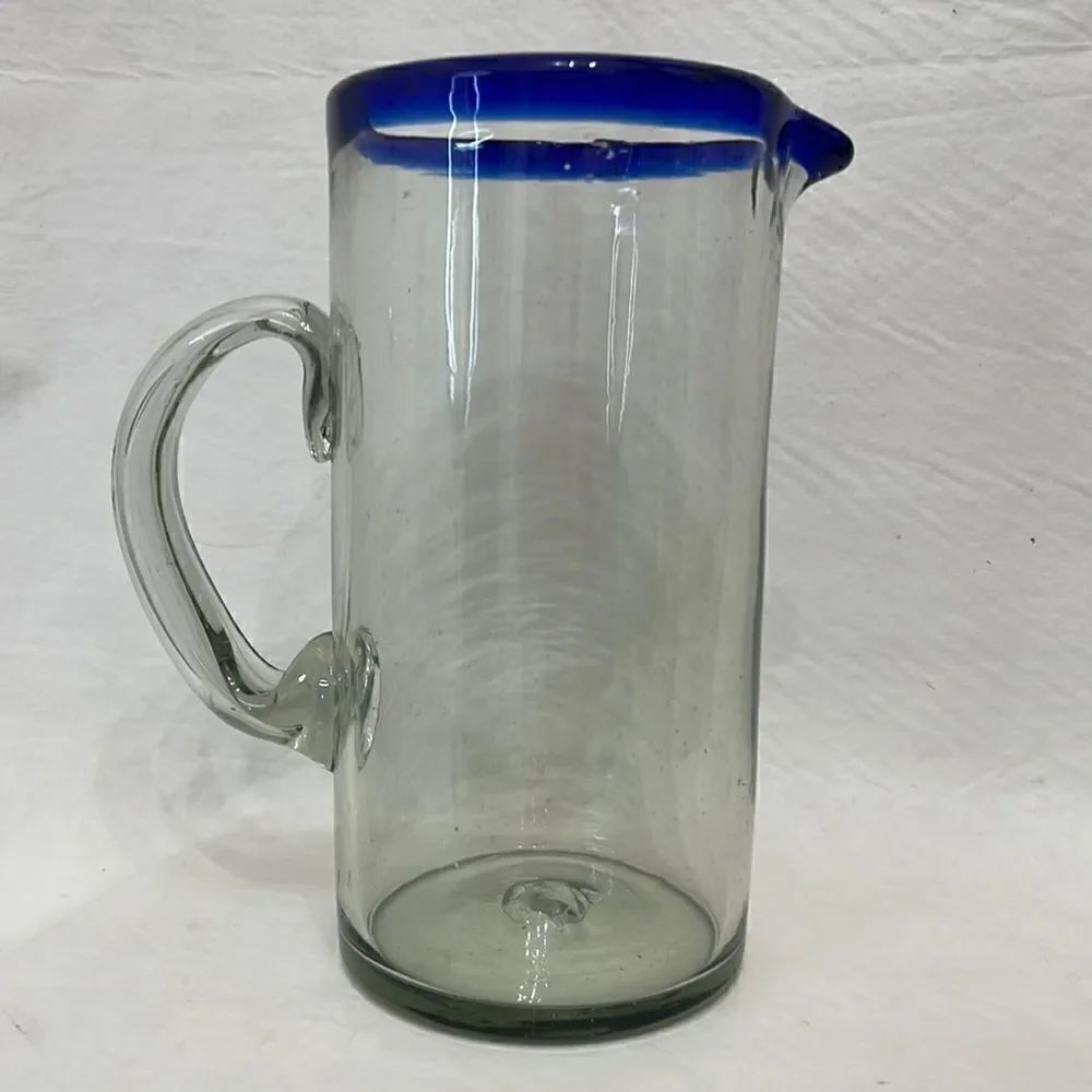 Glass Pitcher 64 Oz 9 1/2 In Tall 5 In Round Cobalt Blue Rim Handblown Margarita